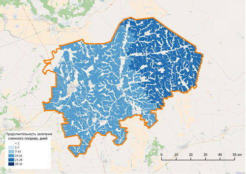 Рисунок 3. Продолжительность залегания снега в течение февраля 2016 года на территории Новониколаевского района